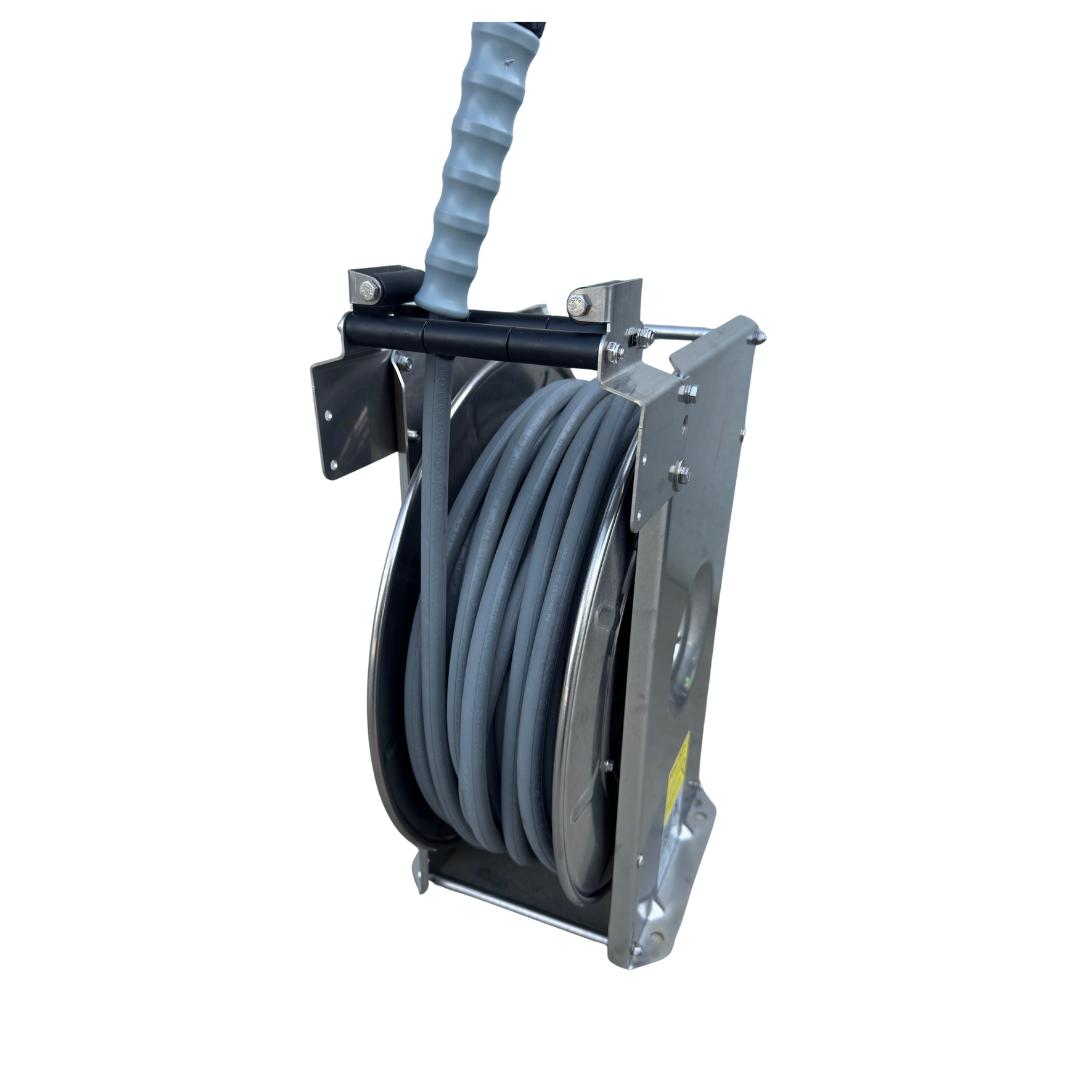 TEHA automatische slanghaspel ST30/10e met M22 schroefdraad ingang, 28m hogedrukslang en M22 wartel.