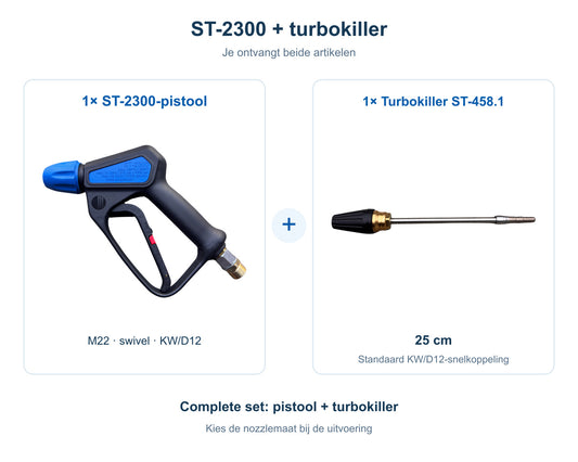 Complete bundel: 1 R+M Suttner ST-2300-pistool met M22, swivel en KW/D12 plus 1 turbokiller st-458.1 (25 cm), beide artikelen inbegrepen.