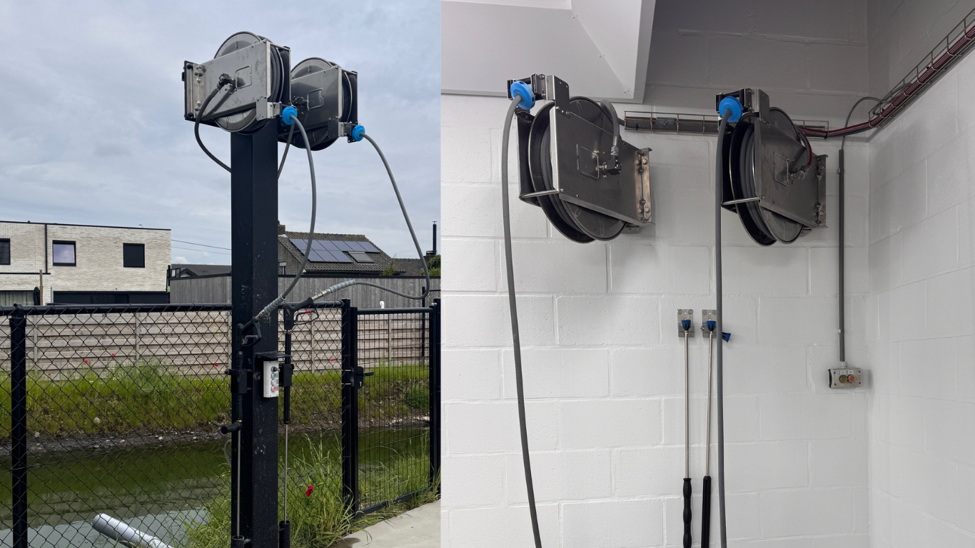 Automatische RVS hogedruk haspel in professionele vaste installatie