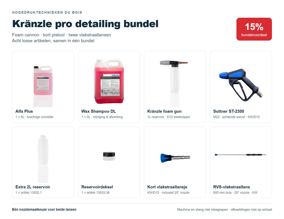 Kränzle pro detailing bundel met Alfa Plus 5L, Wax Shampoo DL 5L, D12 foam gun 1L, extra 2L reservoir met deksel, Suttner ST-2300 swivelpistool en korte plus 900 mm-vlakstraallans