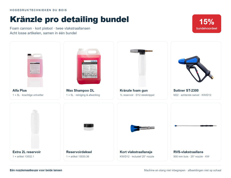 Kränzle pro detailing bundel met Alfa Plus 5L, Wax Shampoo DL 5L, D12 foam gun 1L, extra 2L reservoir met deksel, Suttner ST-2300 swivelpistool en korte plus 900 mm-vlakstraallans