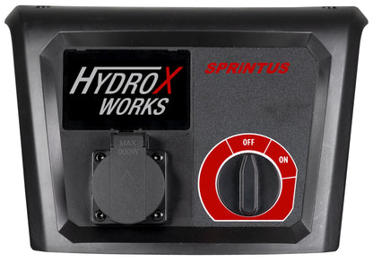 Bedieningspaneel van de HydroX Works met schakelaar en afgedekt stopcontact