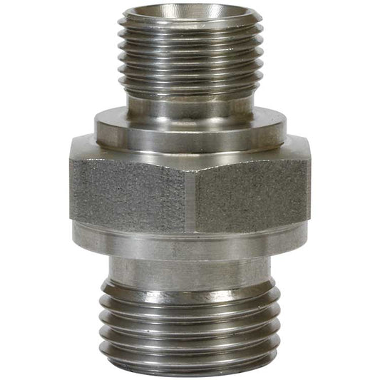 R+M Suttner RVS reductienippel 3/8" x 1/2" buitendraad 500 bar, dubbele mannelijke hogedrukadapter, artikelnummer 57089