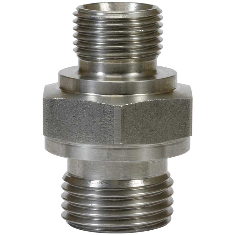 R+M Suttner RVS reductienippel 1/4" x 1/2" buitendraad 500 bar, dubbele mannelijke hogedrukadapter, artikelnummer 57069