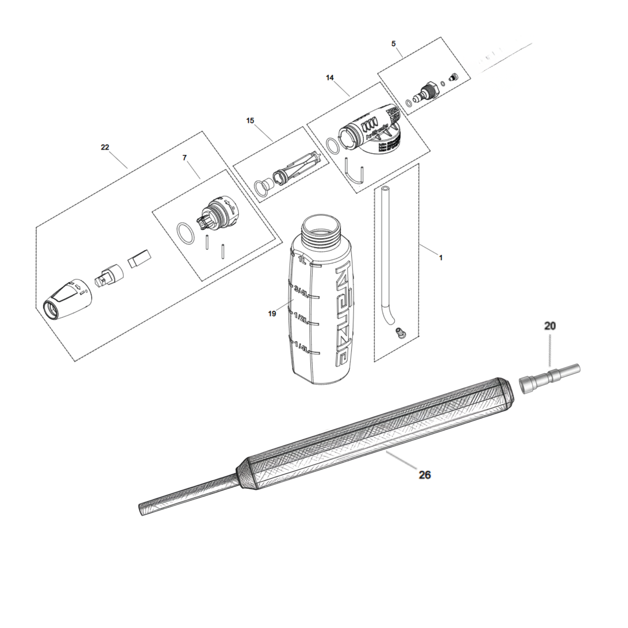 KranzleSchuimlansmetreservoir1LsteeknippelD12enverlenging500MM_Schuimlans