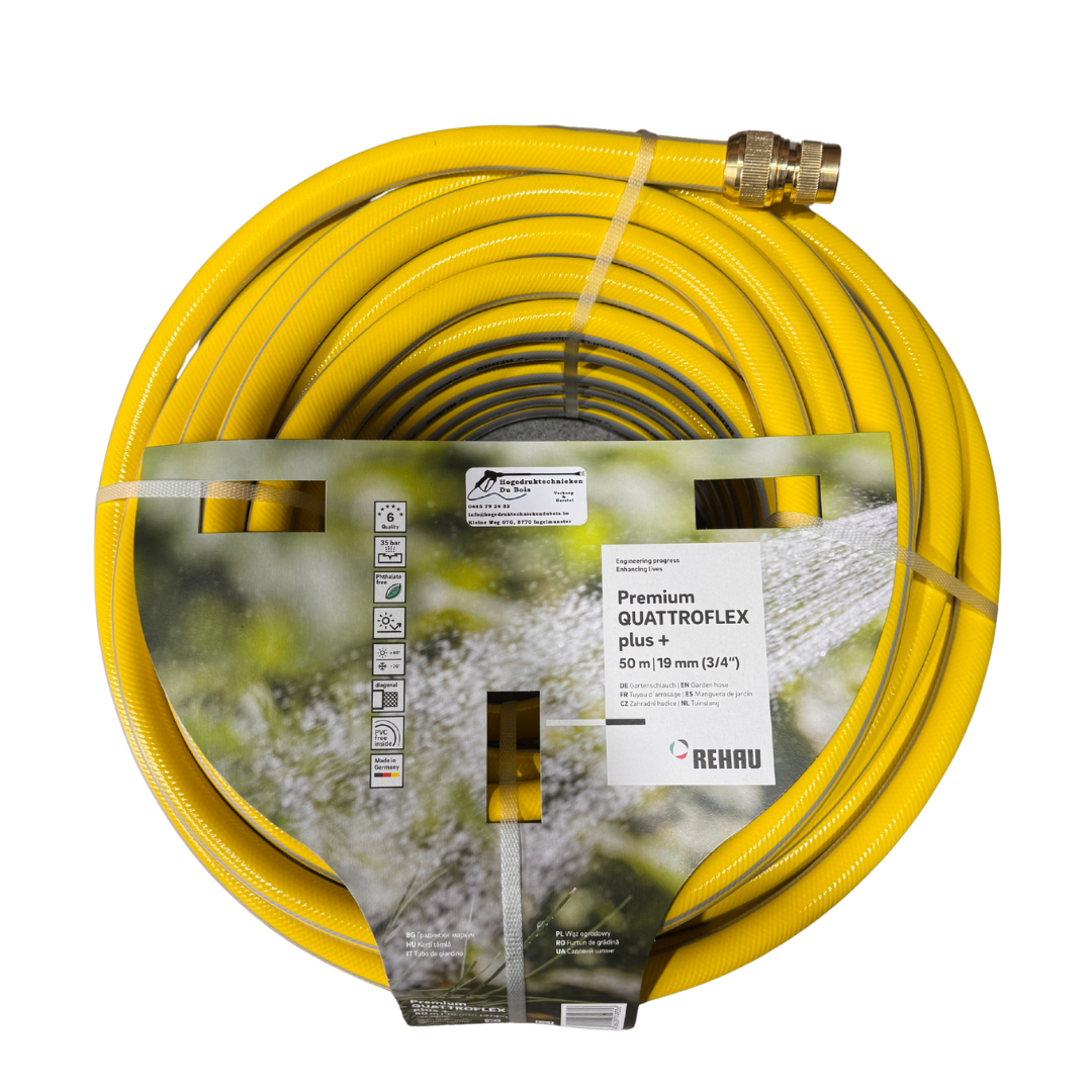 REHAU Quattroflex Plus+ 3/4 - 50m (19 mm) – premium lagedrukslang met messing koppelingen