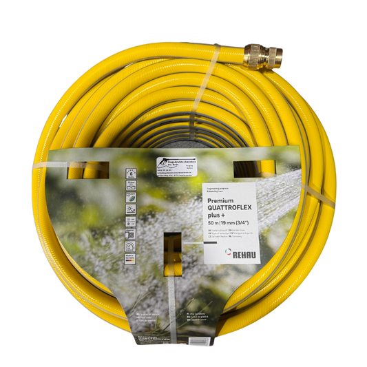 REHAU Quattroflex Plus+ 3/4 - 50m (19 mm) – premium lagedrukslang met messing koppelingen