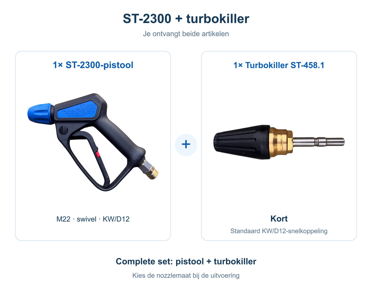 Complete bundel: 1 R+M Suttner ST-2300-pistool met M22, swivel en KW/D12 plus 1 turbokiller st-458.1 (Kort), beide artikelen inbegrepen.