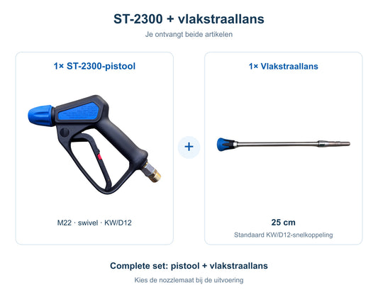 Complete bundel: 1 R+M Suttner ST-2300-pistool met M22, swivel en KW/D12 plus 1 vlakstraallans (25 cm), beide artikelen inbegrepen.