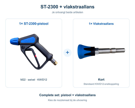 Complete bundel: 1 R+M Suttner ST-2300-pistool met M22, swivel en KW/D12 plus 1 vlakstraallans (Kort), beide artikelen inbegrepen.
