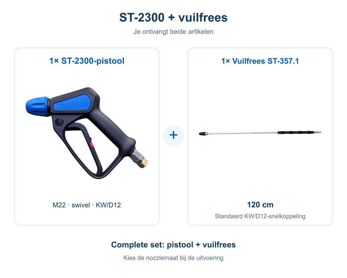Complete bundel: 1 R+M Suttner ST-2300-pistool met M22, swivel en KW/D12 plus 1 vuilfrees st-357.1 (120 cm), beide artikelen inbegrepen.