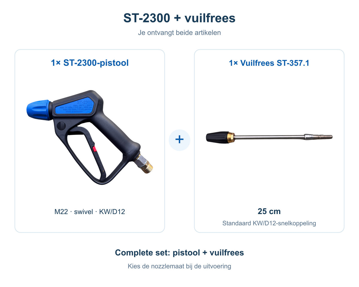 Complete bundel: 1 R+M Suttner ST-2300-pistool met M22, swivel en KW/D12 plus 1 vuilfrees st-357.1 (25 cm), beide artikelen inbegrepen.
