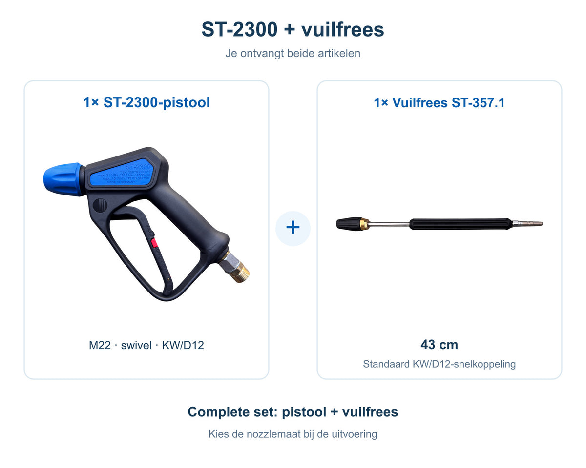 Complete bundel: 1 R+M Suttner ST-2300-pistool met M22, swivel en KW/D12 plus 1 vuilfrees st-357.1 (43 cm), beide artikelen inbegrepen.